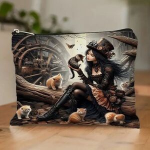 Gothic Style Cat & Steampunk Mechanical Design Steampunk Makeup / Cosmetic Bag